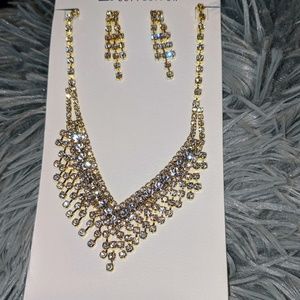 Silver Gold diamond necklace earrings wedding set